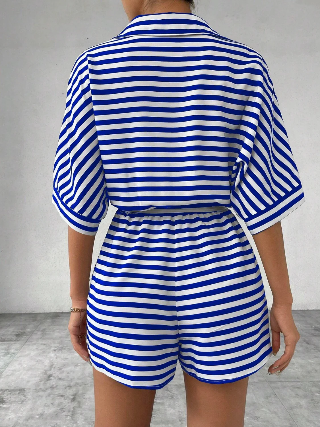 Tie Waist Half Button Striped Romper - Image 15