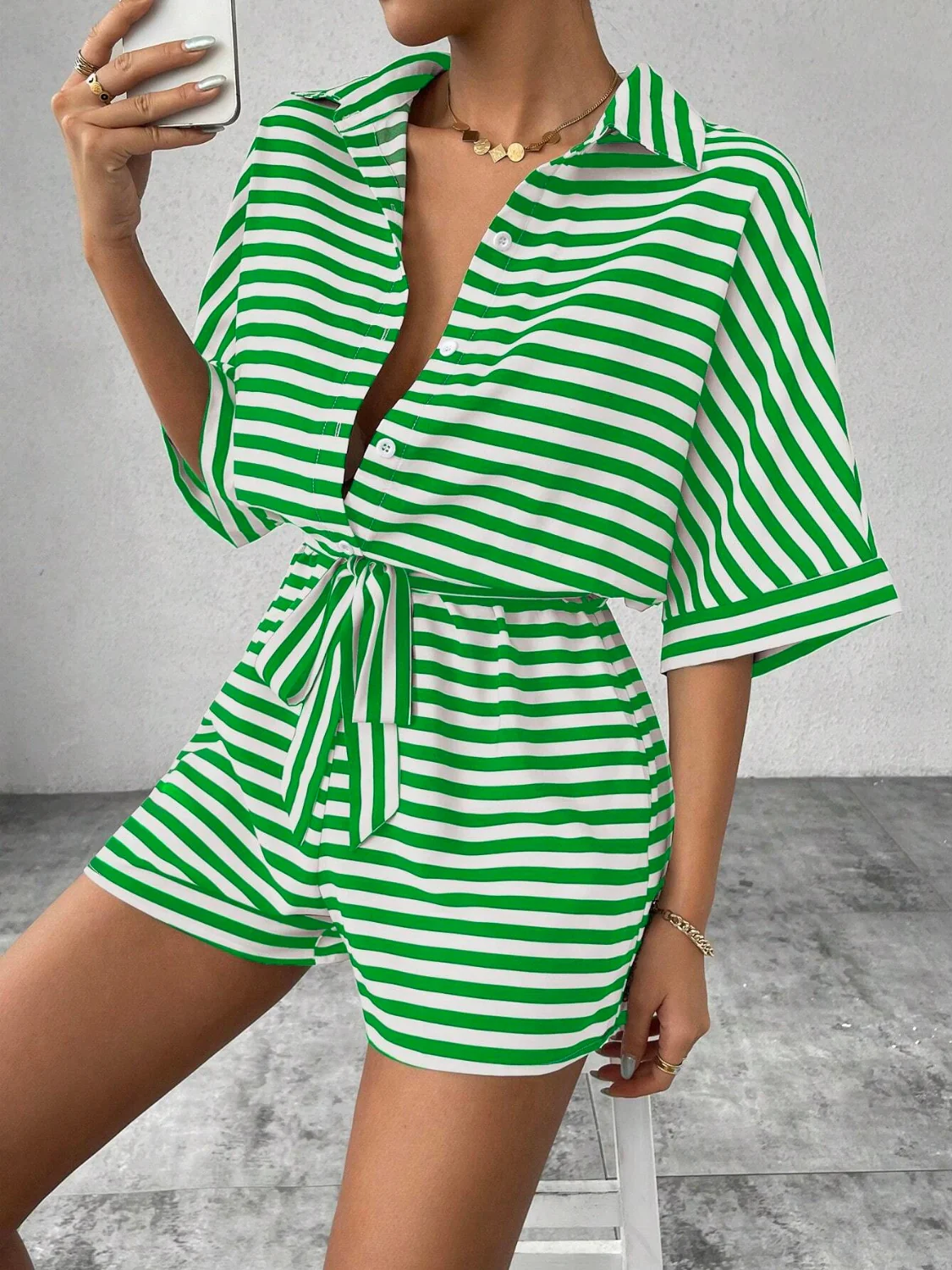 Tie Waist Half Button Striped Romper - Image 16