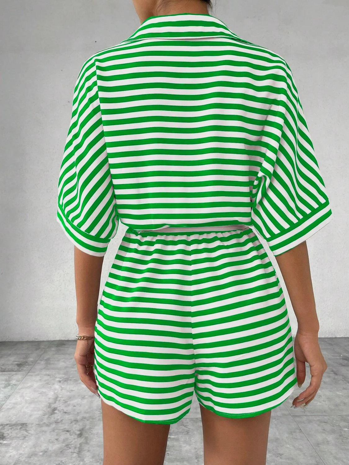 Tie Waist Half Button Striped Romper - Image 18