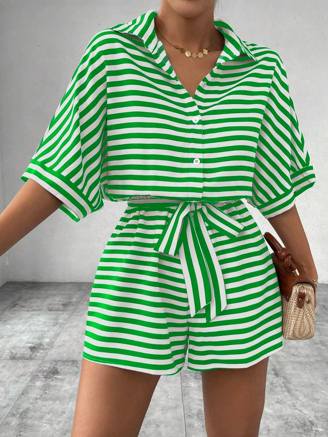 Tie Waist Half Button Striped Romper - Image 19