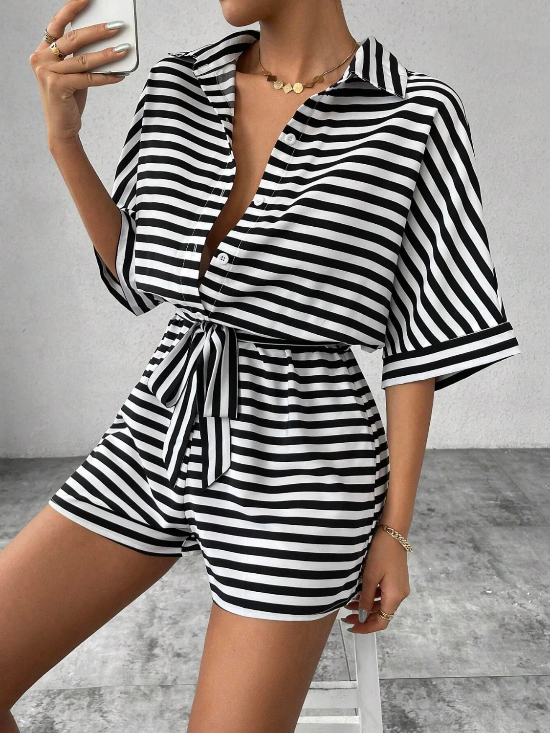 Tie Waist Half Button Striped Romper - Image 2
