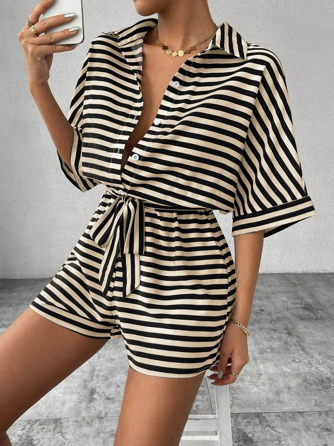 Tie Waist Half Button Striped Romper - Image 21