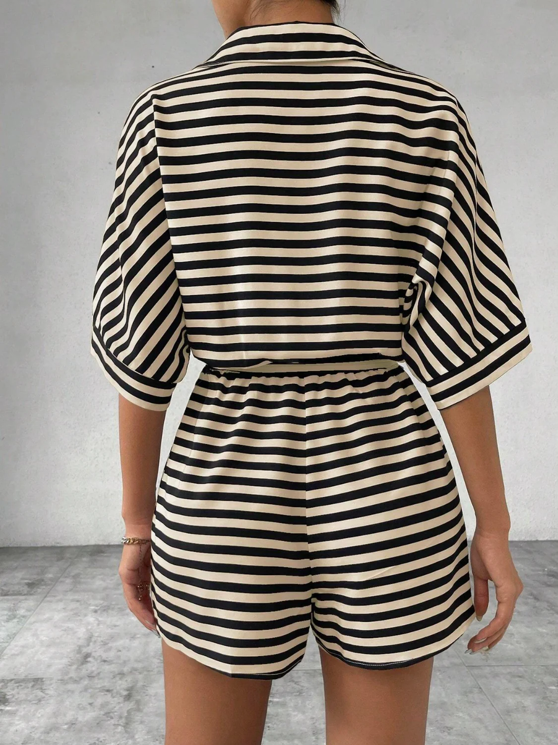 Tie Waist Half Button Striped Romper - Image 23