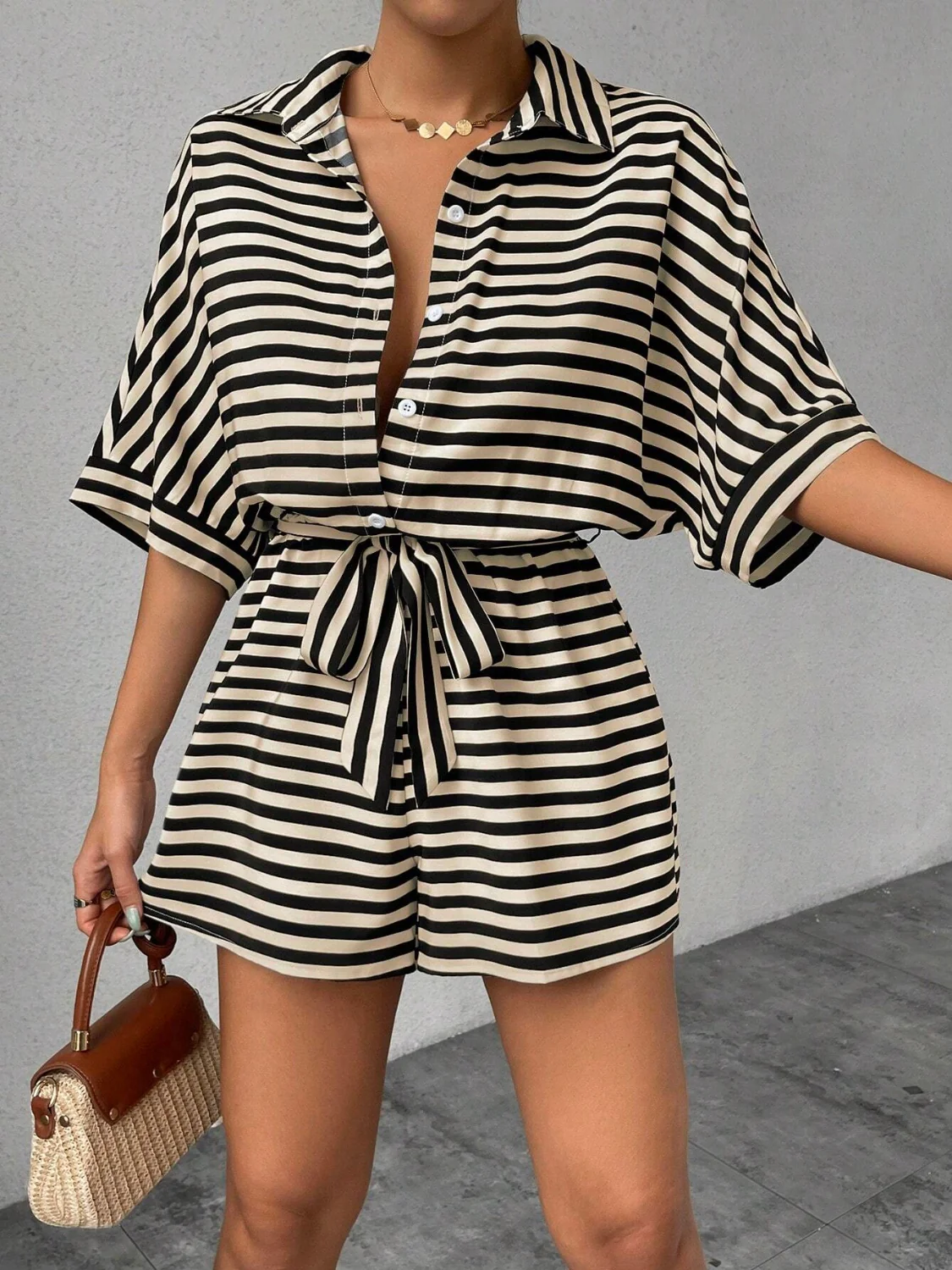 Tie Waist Half Button Striped Romper - Image 24