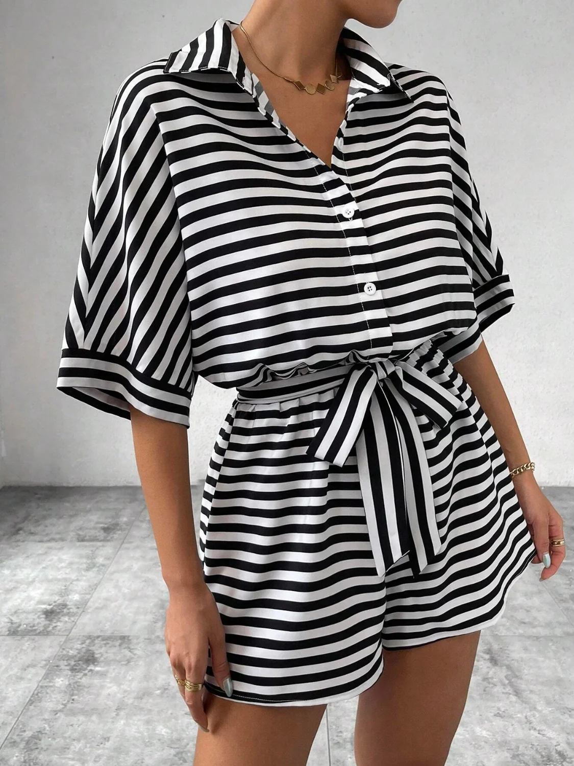Tie Waist Half Button Striped Romper - Image 3