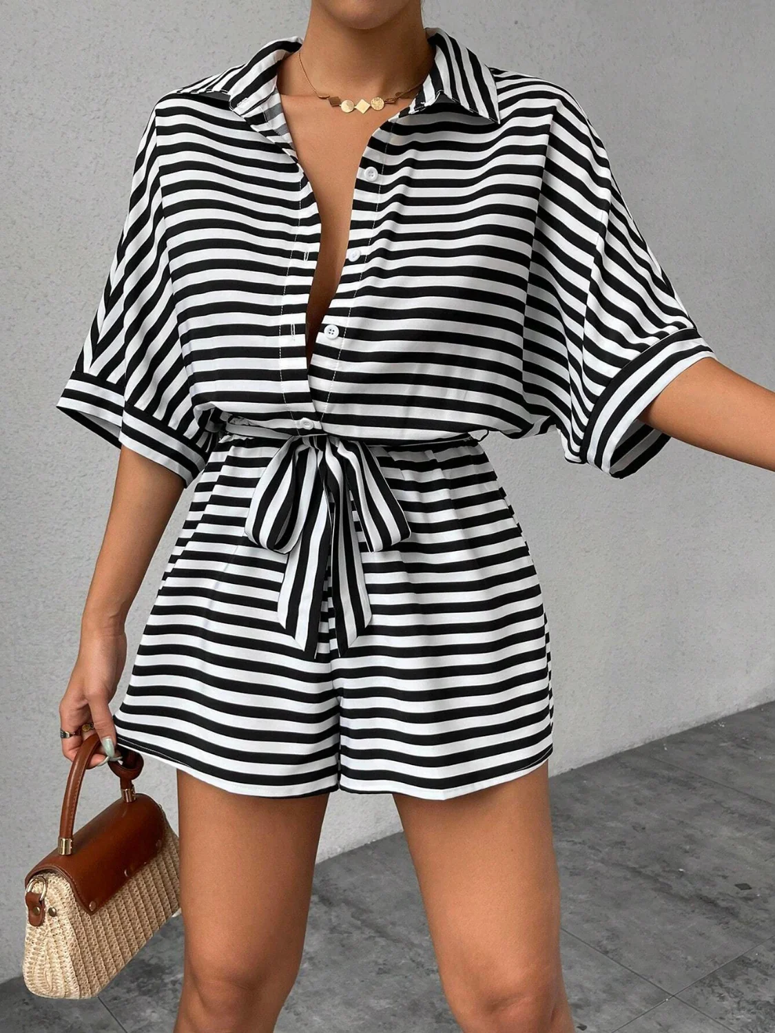 Tie Waist Half Button Striped Romper - Image 4