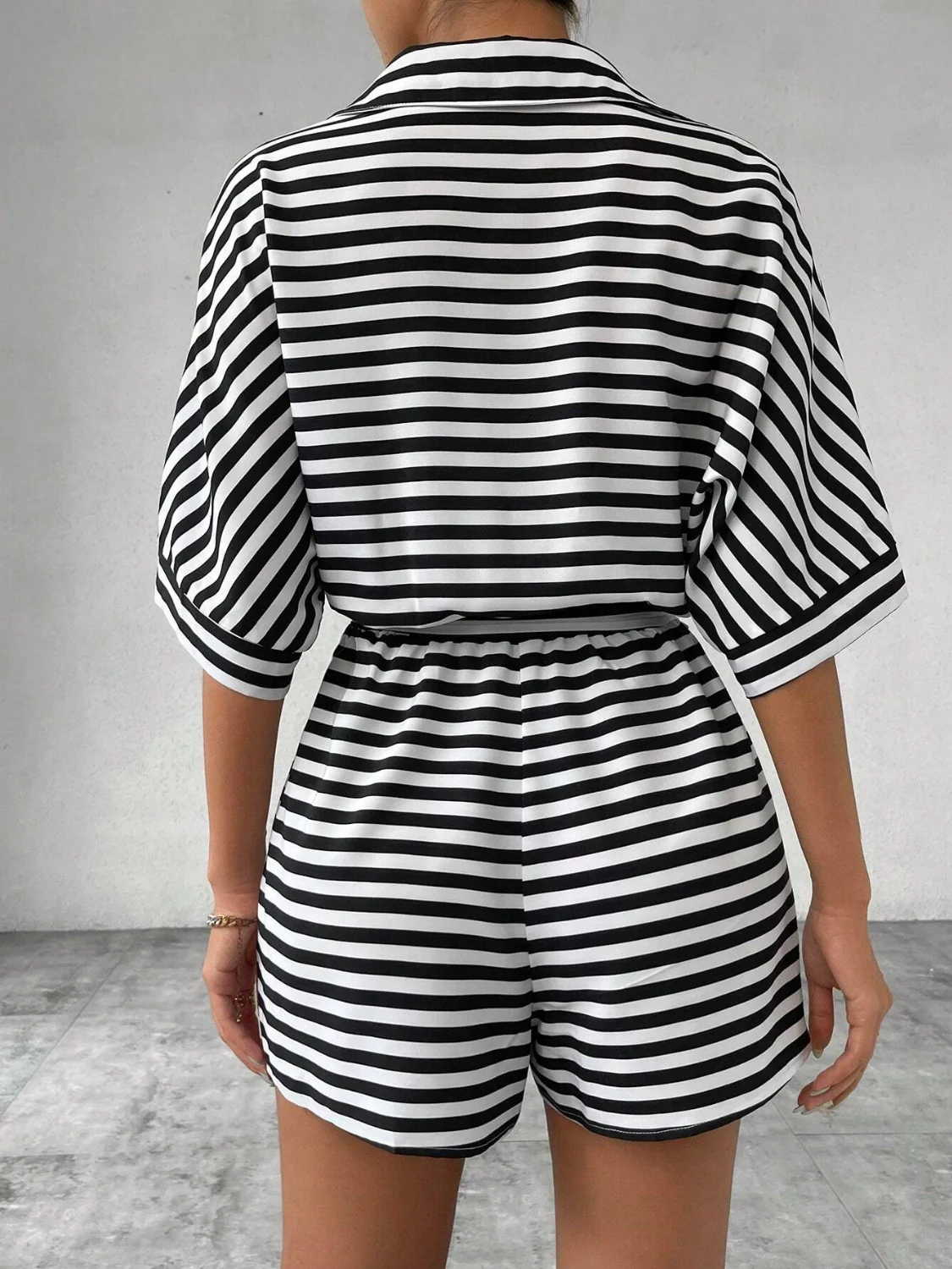 Tie Waist Half Button Striped Romper - Image 5