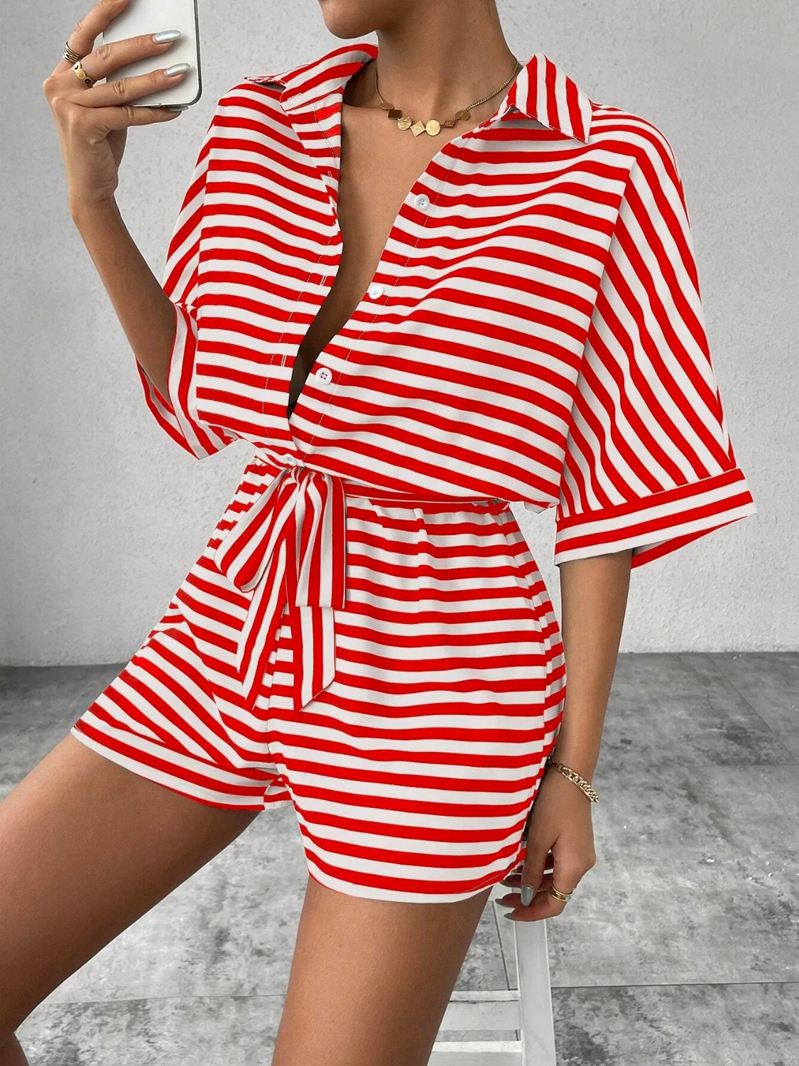 Tie Waist Half Button Striped Romper - Image 6
