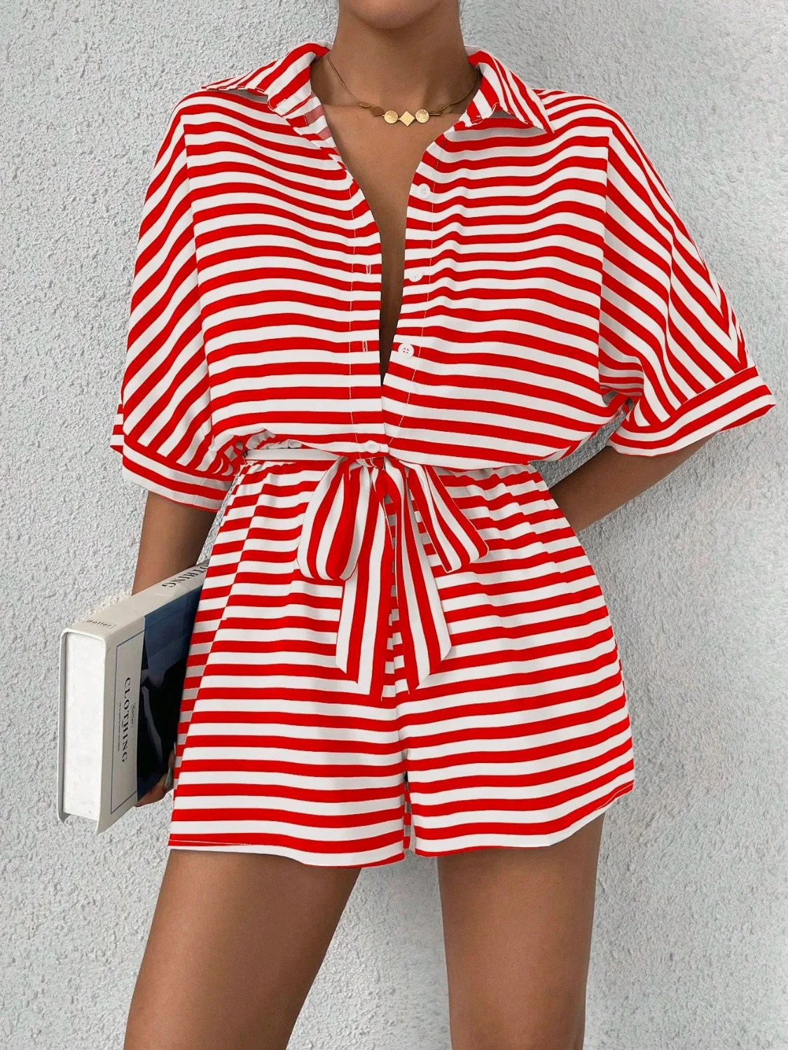 Tie Waist Half Button Striped Romper - Image 7