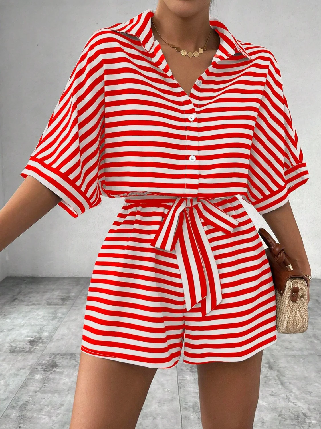Tie Waist Half Button Striped Romper - Image 8