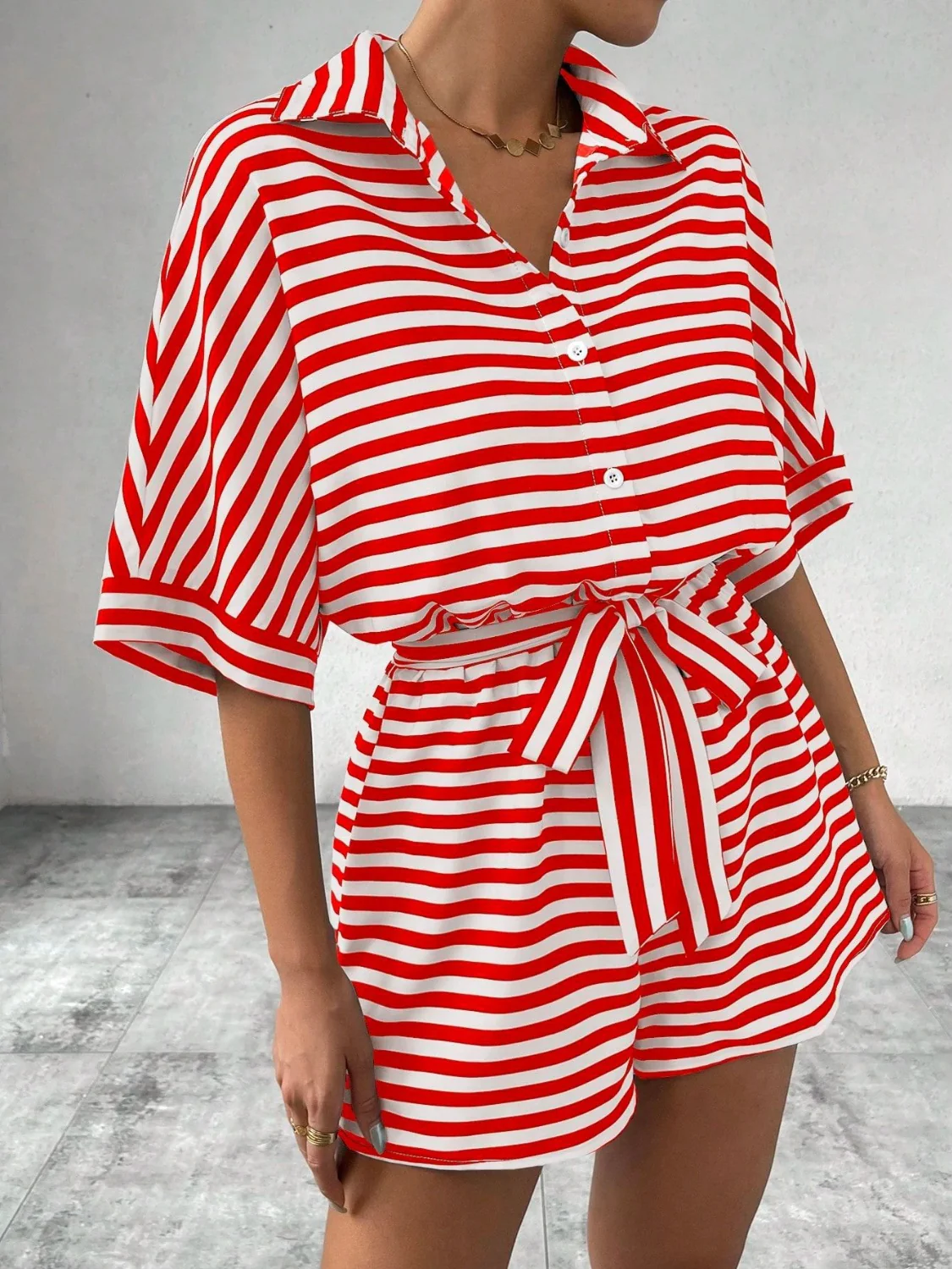 Tie Waist Half Button Striped Romper - Image 9