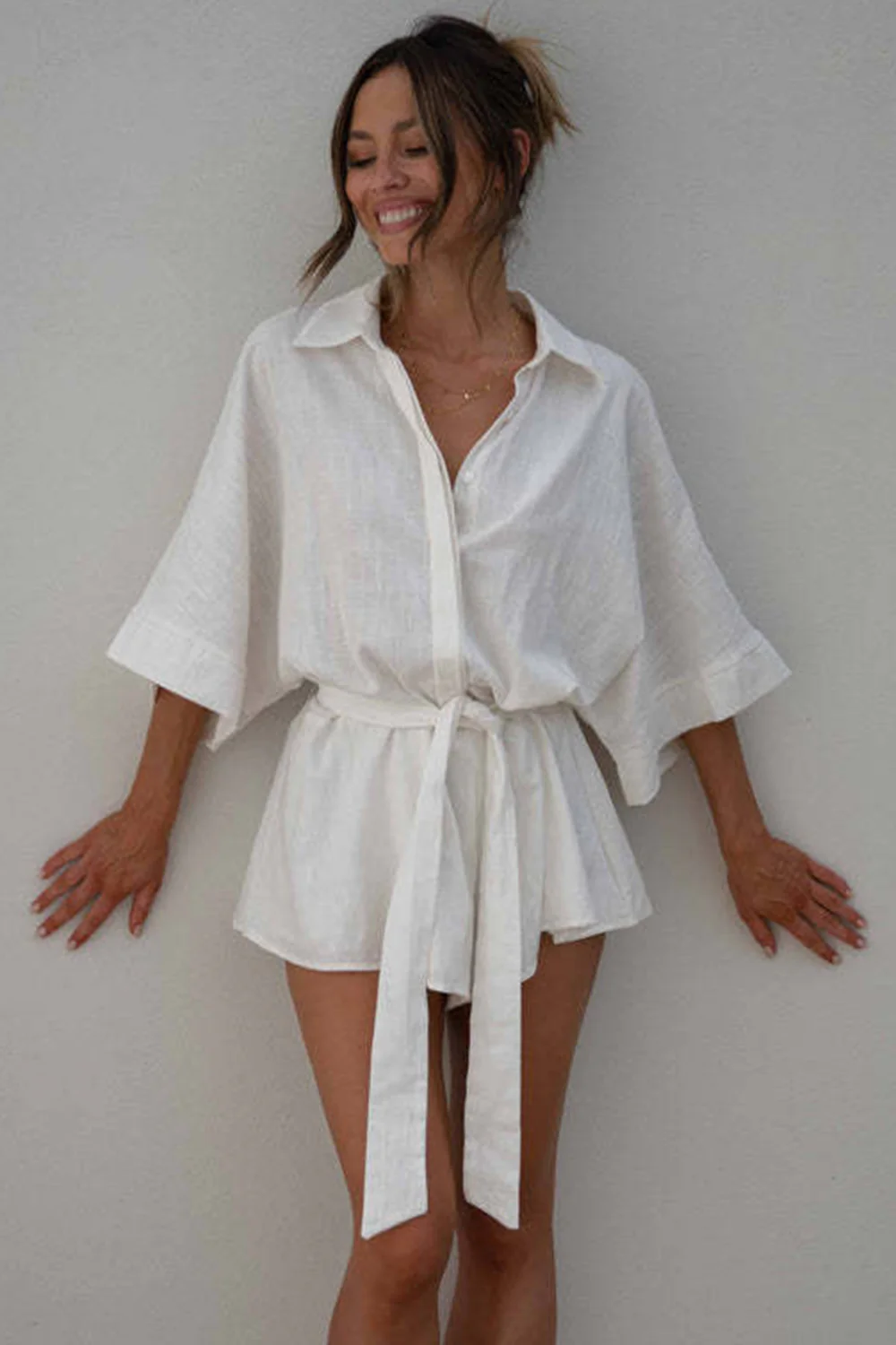 Tied Button Up Collared Neck Romper - Image 11