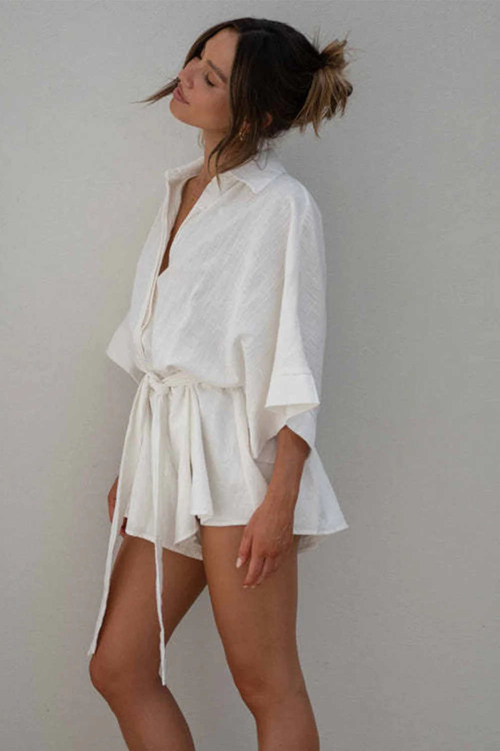 Tied Button Up Collared Neck Romper - Image 12
