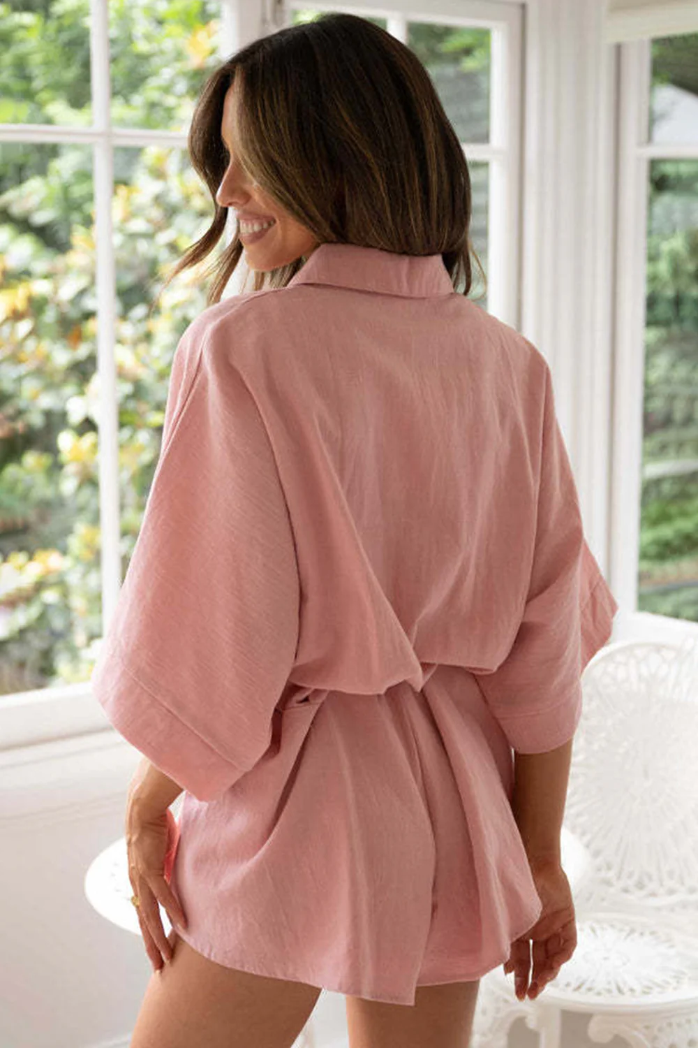 Tied Button Up Collared Neck Romper - Image 2
