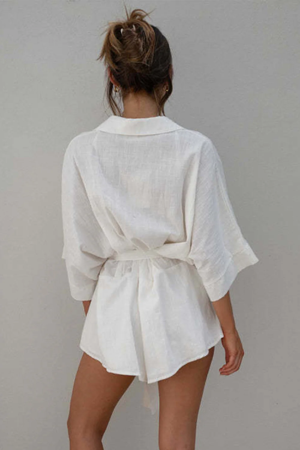 Tied Button Up Collared Neck Romper - Image 8