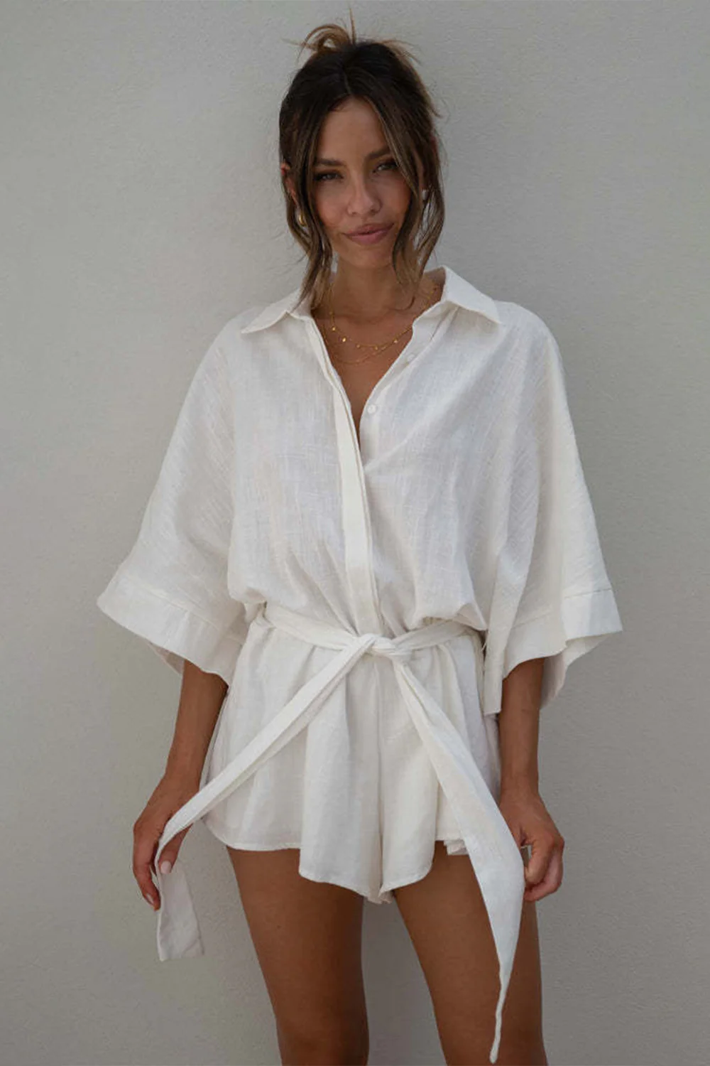 Tied Button Up Collared Neck Romper - Image 9