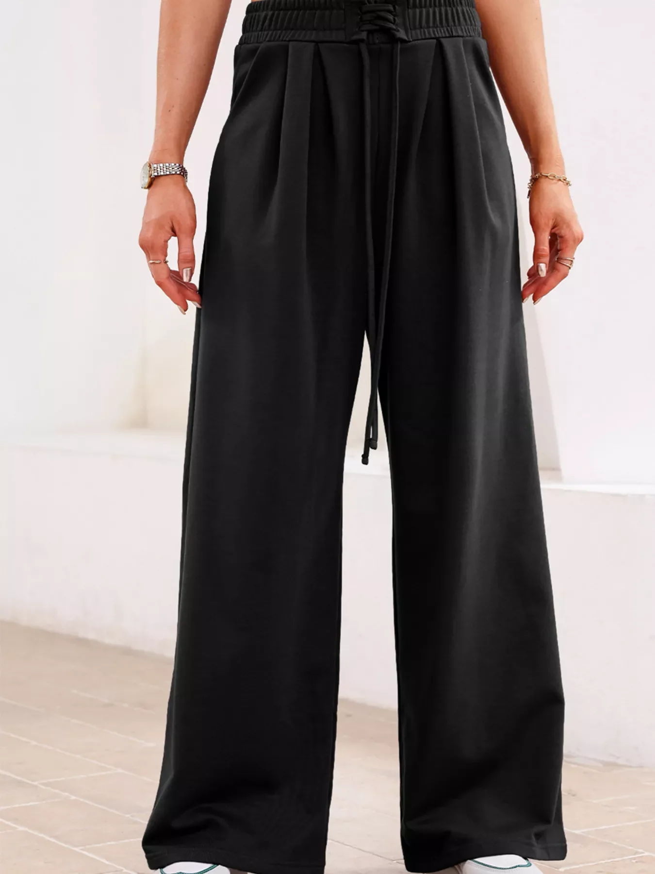 Tied Elastic High Waist Pleated Detail Solid Sweatpants - Image 2