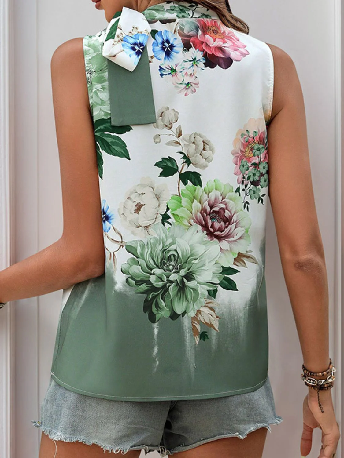 Tied Flower Printed Mock Neck Top - Image 2