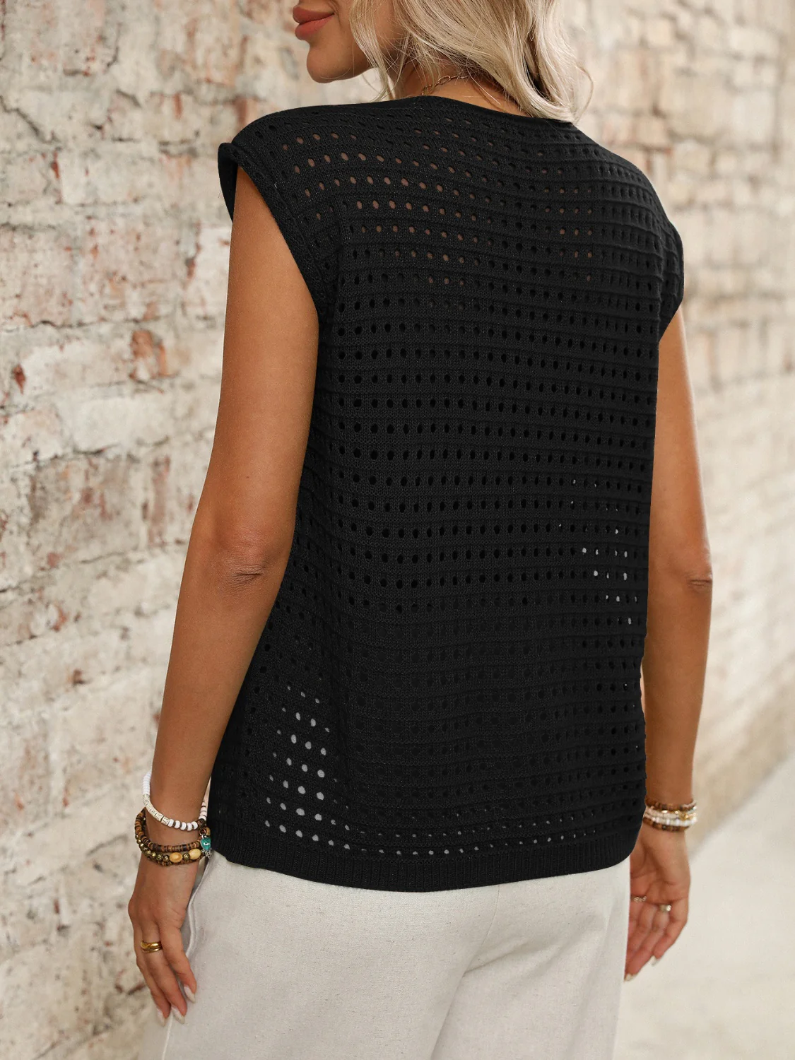 Tied Front Openwork V-Neck Knit Top - Image 15