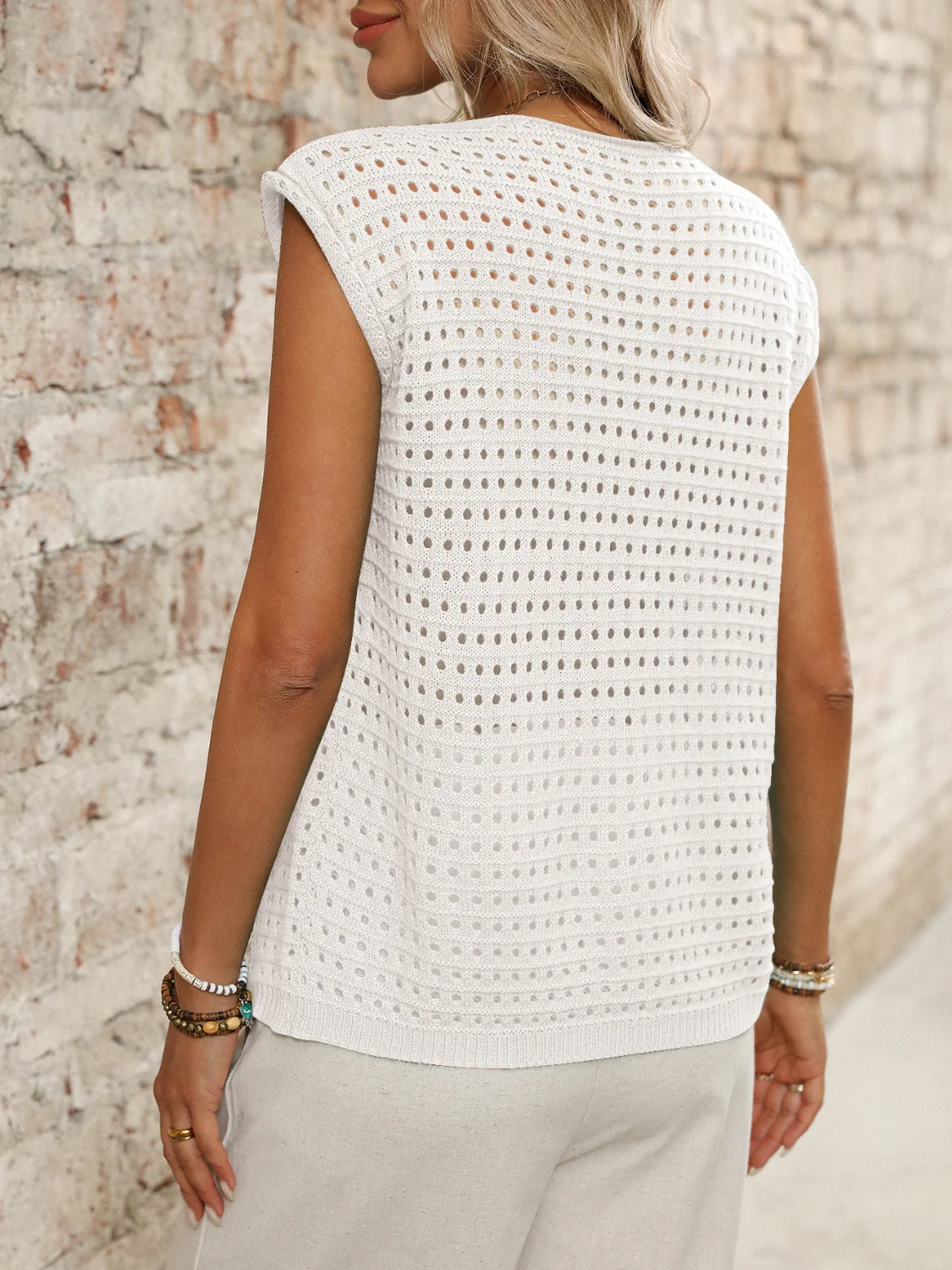 Tied Front Openwork V-Neck Knit Top - Image 21