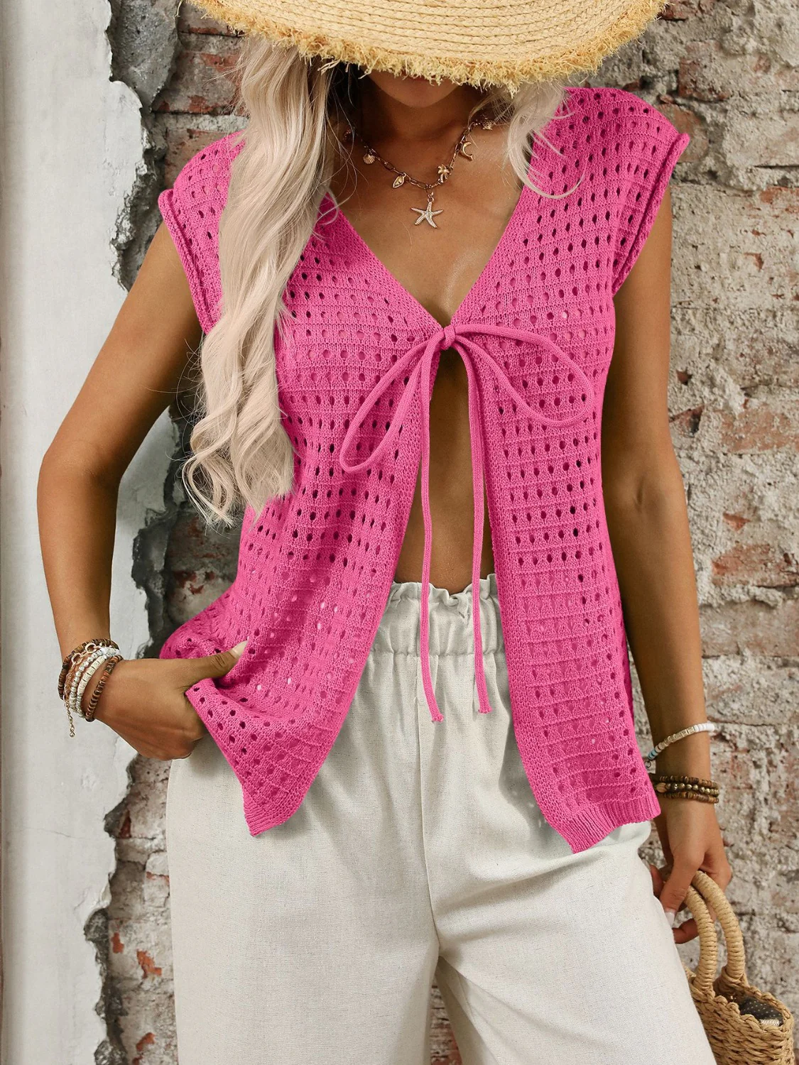 Tied Front Openwork V-Neck Knit Top - Image 3