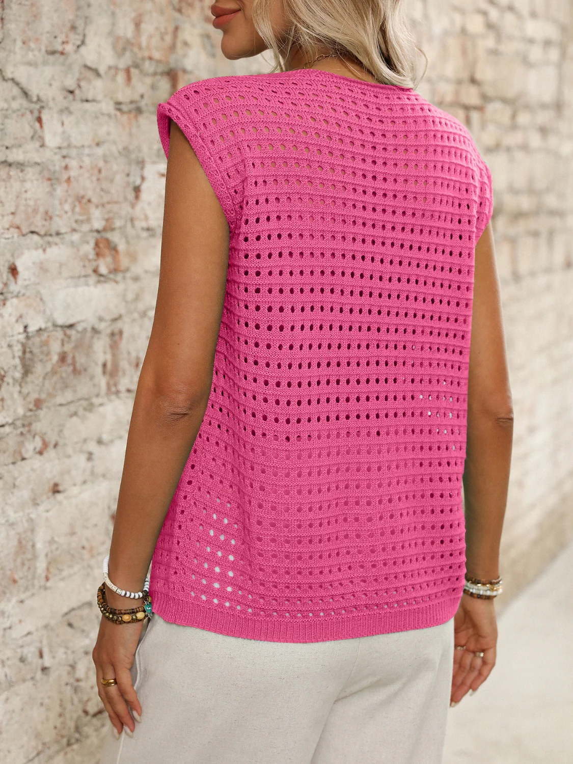 Tied Front Openwork V-Neck Knit Top - Image 5