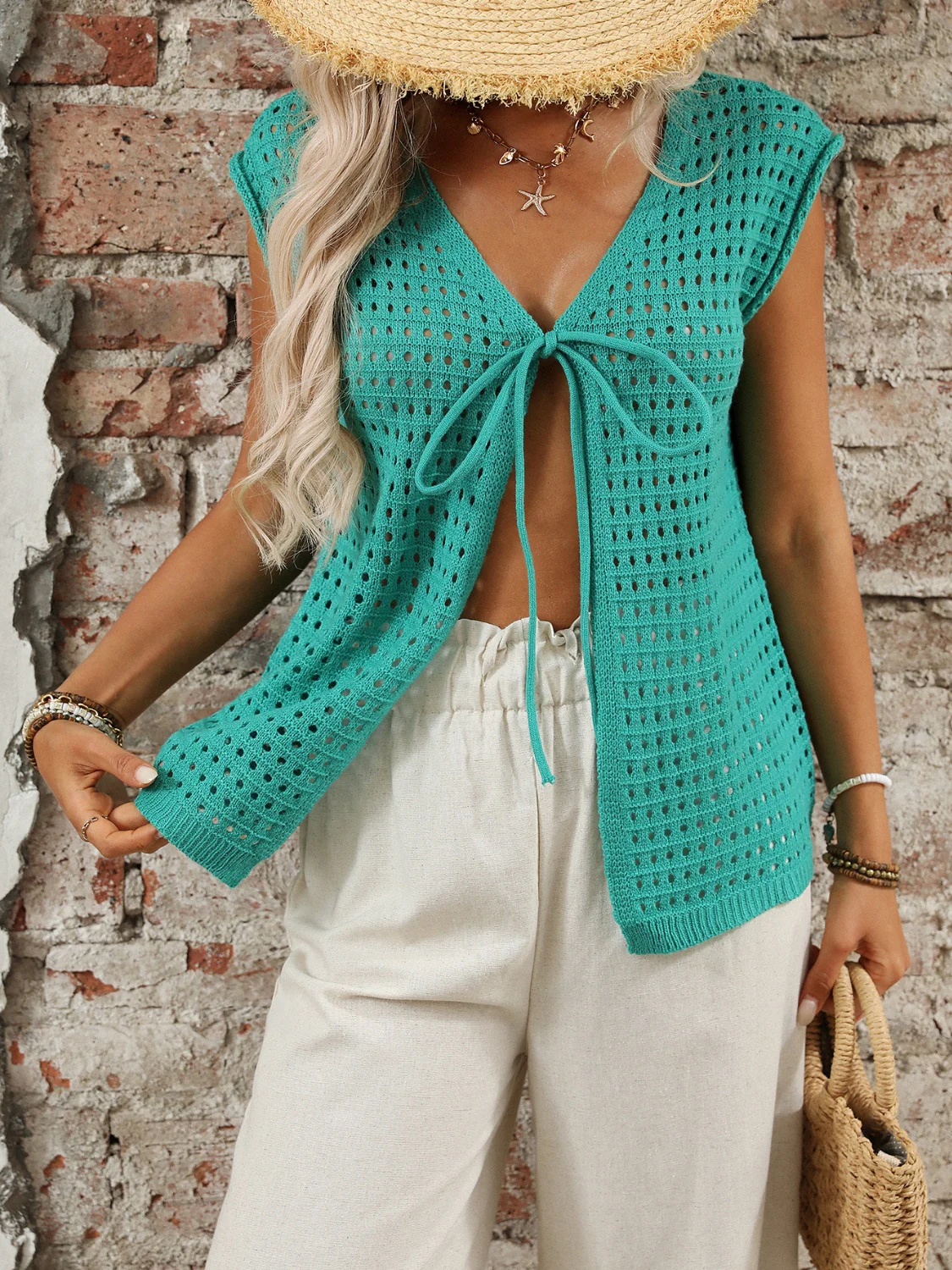 Tied Front Openwork V-Neck Knit Top - Image 6