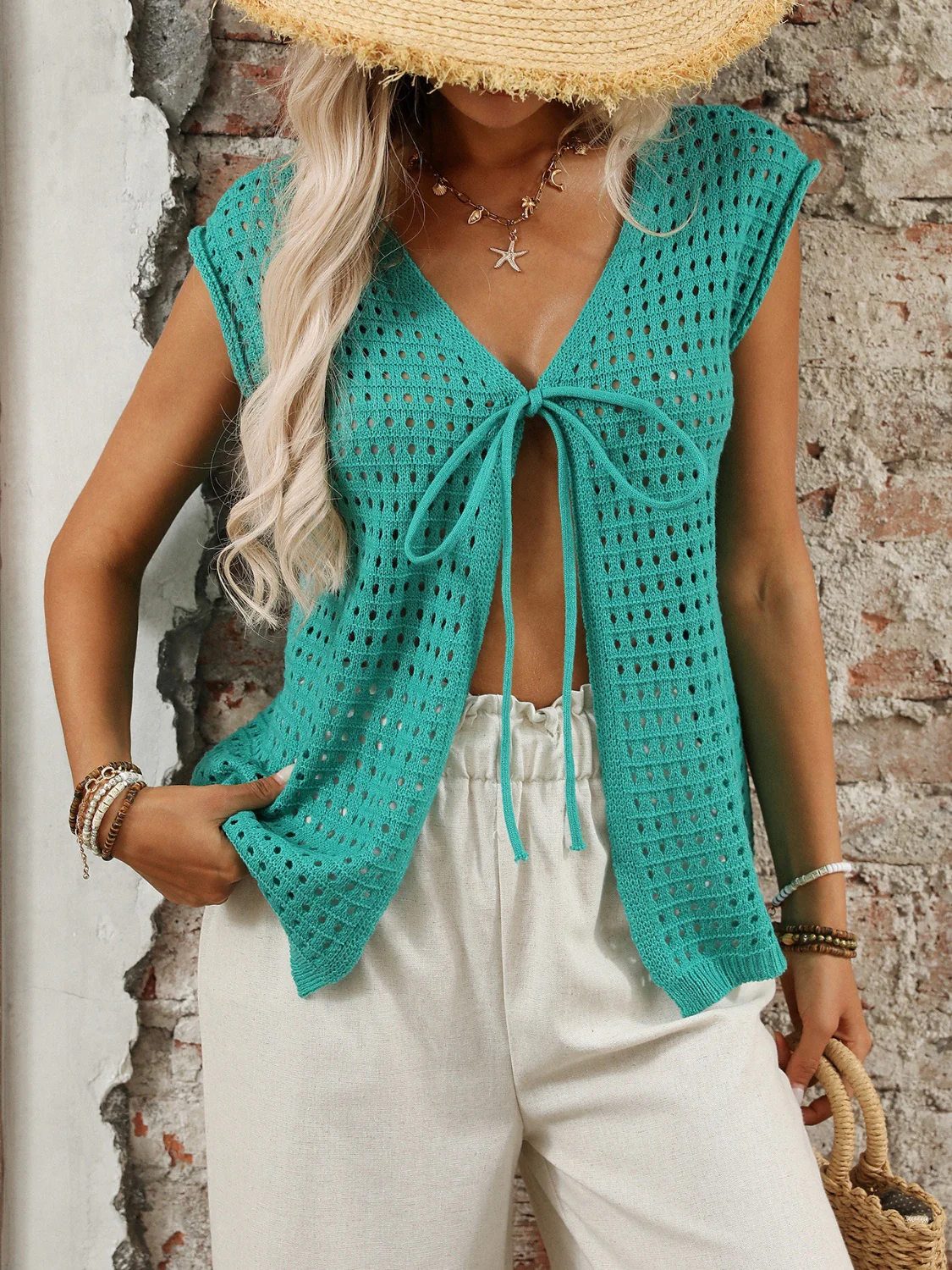 Tied Front Openwork V-Neck Knit Top - Image 8