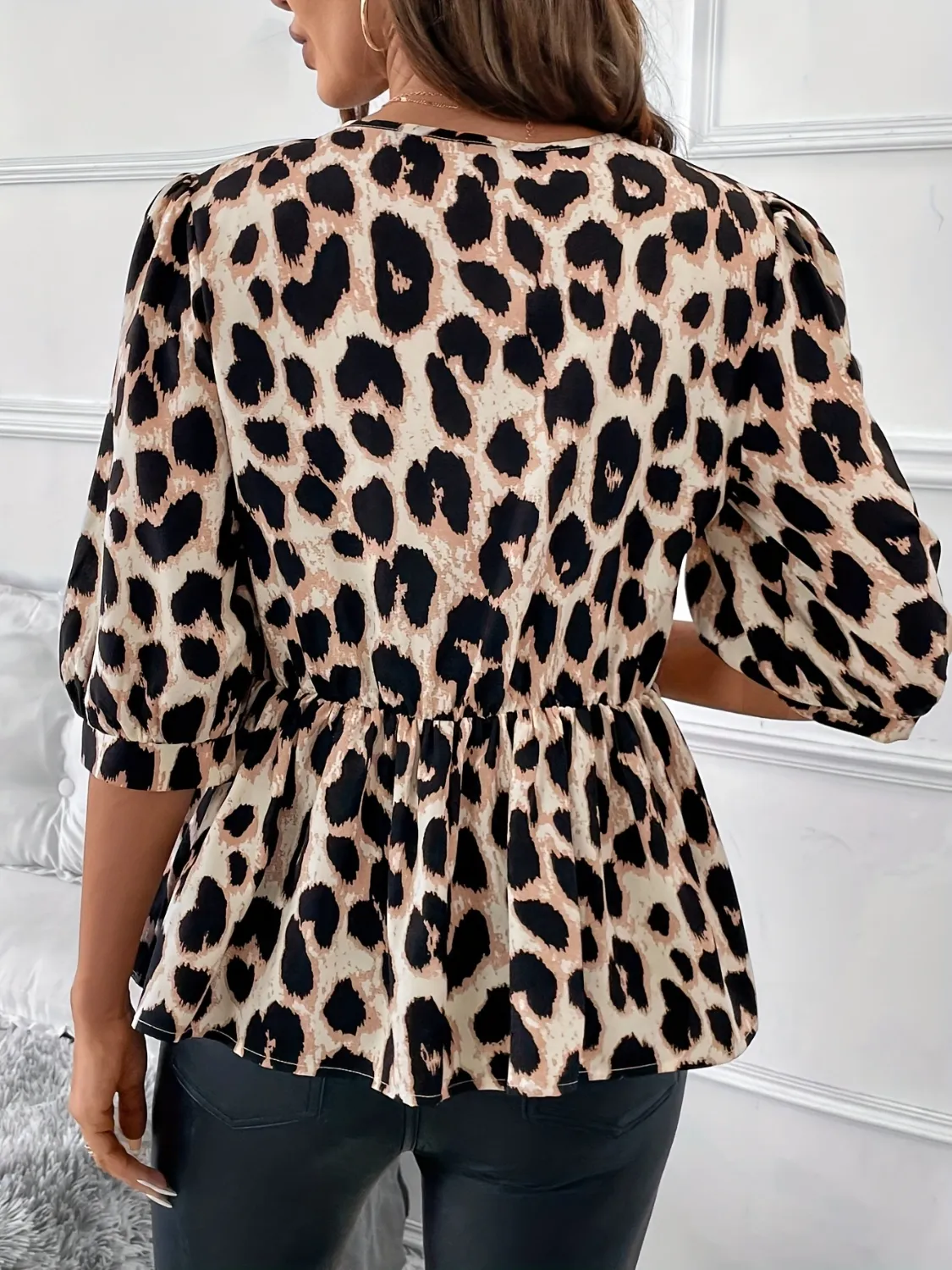 Tied Leopard Round Neck Half Sleeve Blouse - Image 2