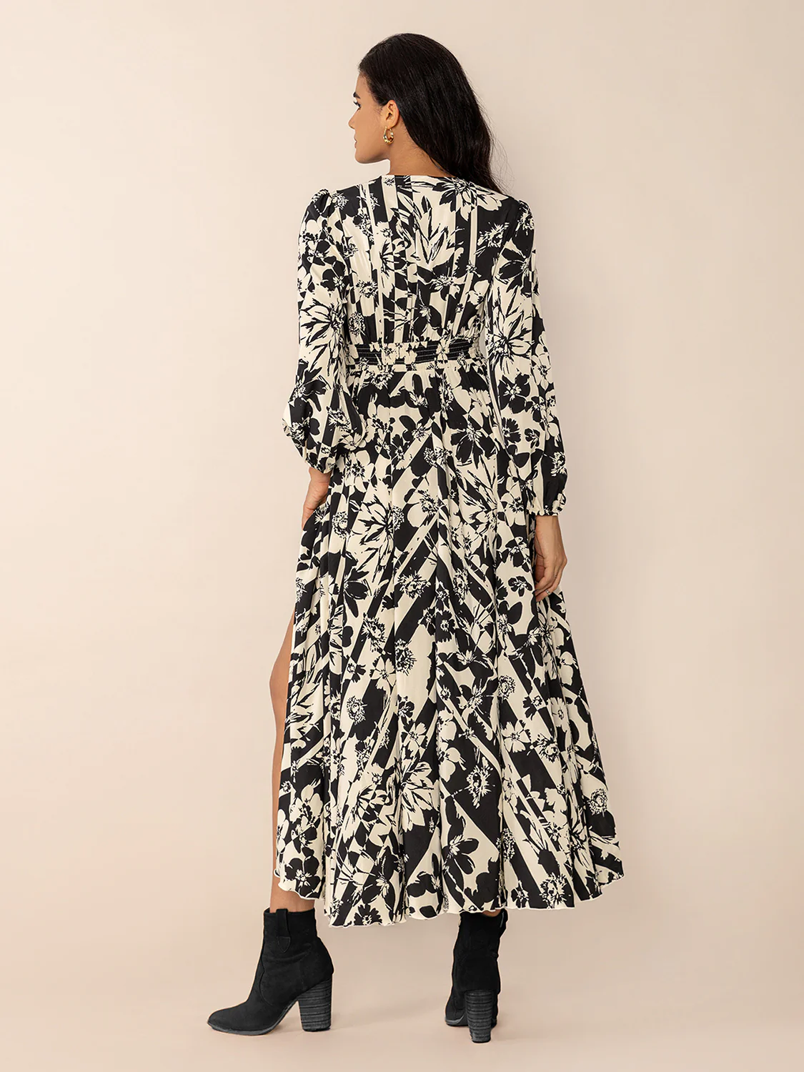 Tied Printed V-Neck Long Sleeve Midi Dress - Image 2