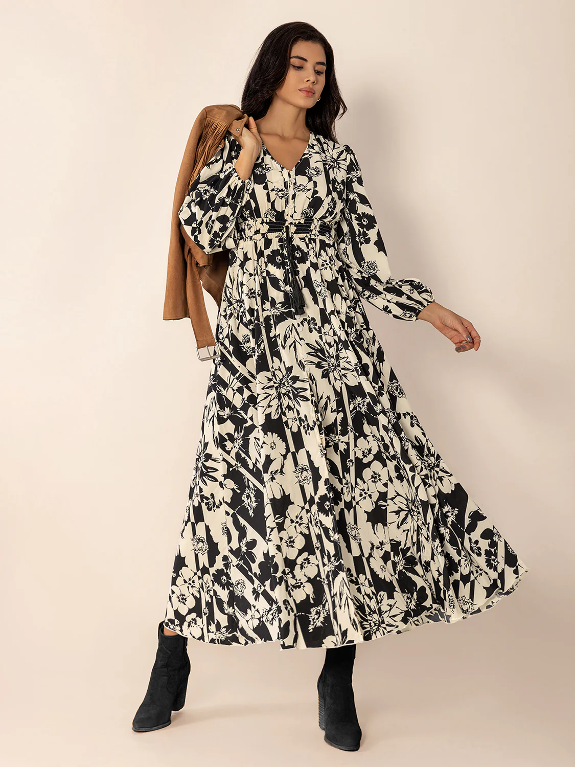 Tied Printed V-Neck Long Sleeve Midi Dress - Image 3
