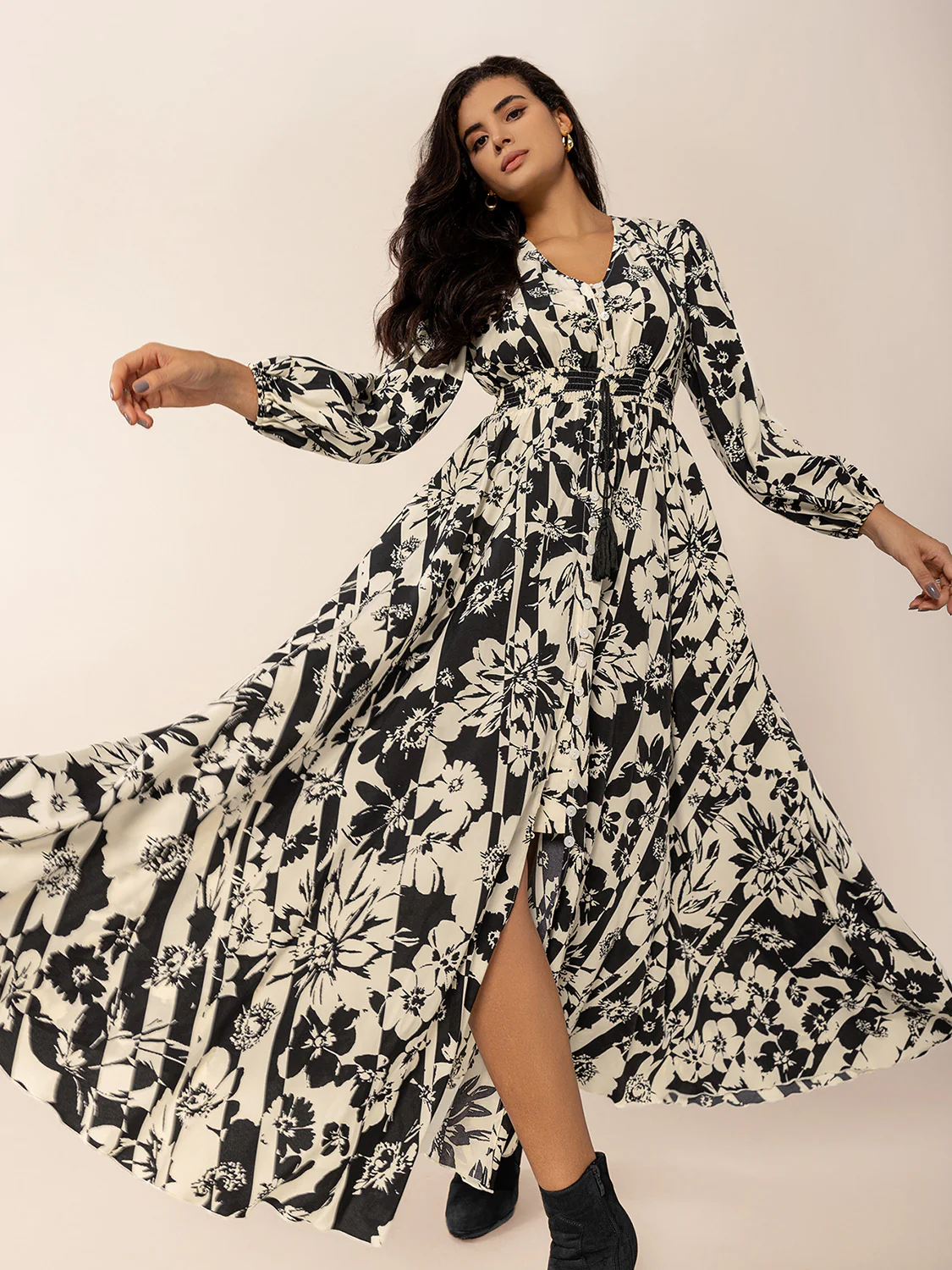 Tied Printed V-Neck Long Sleeve Midi Dress - Image 4