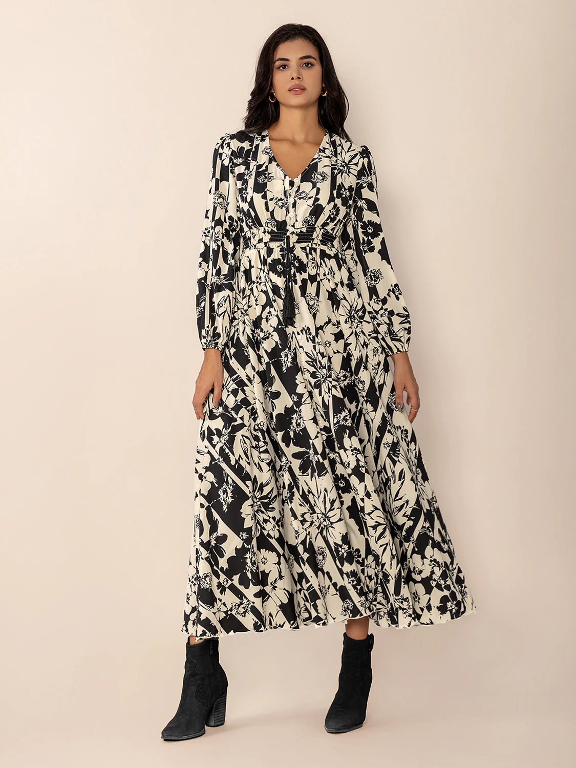 Tied Printed V-Neck Long Sleeve Midi Dress - Image 5