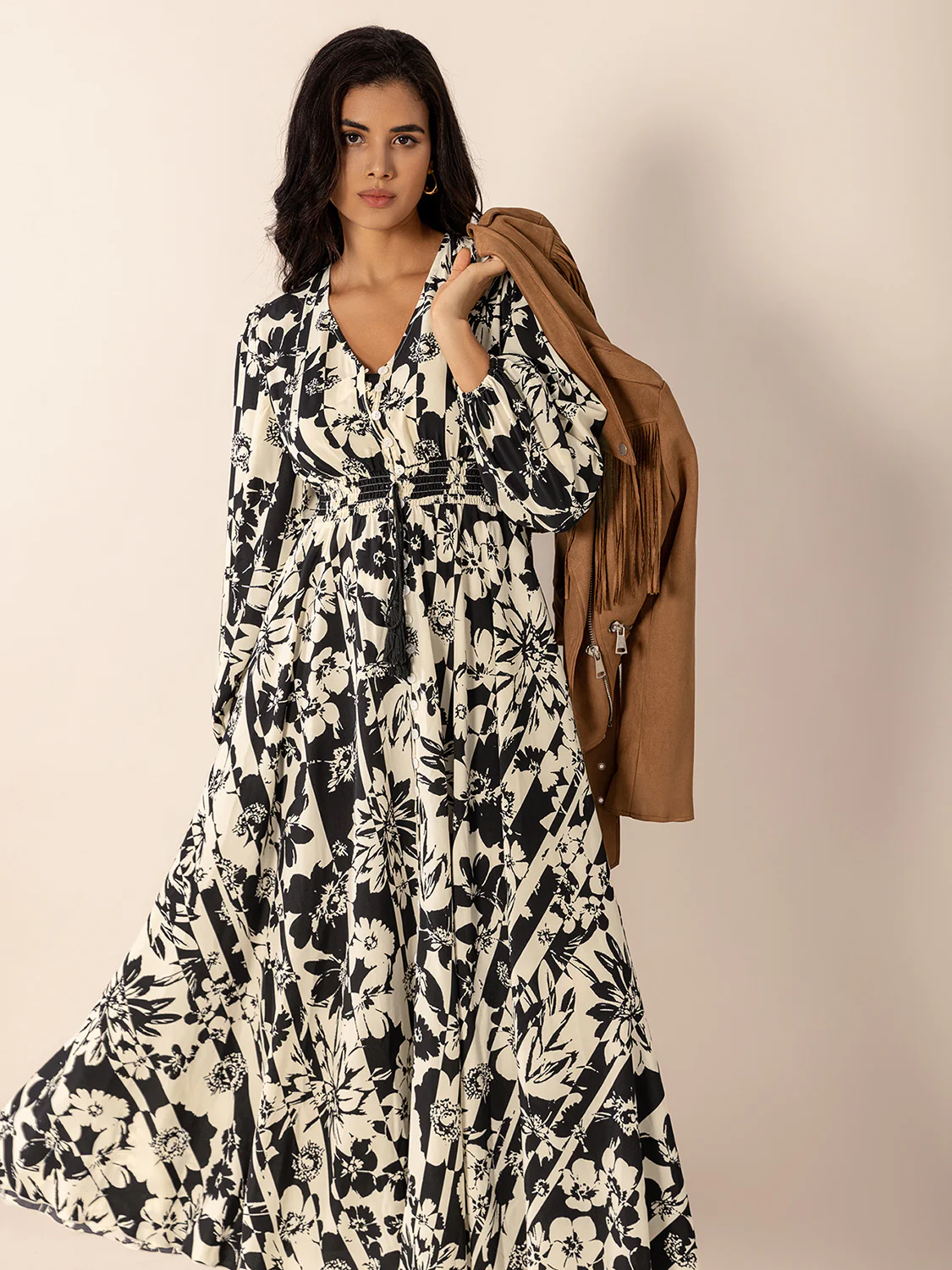 Tied Printed V-Neck Long Sleeve Midi Dress - Image 6