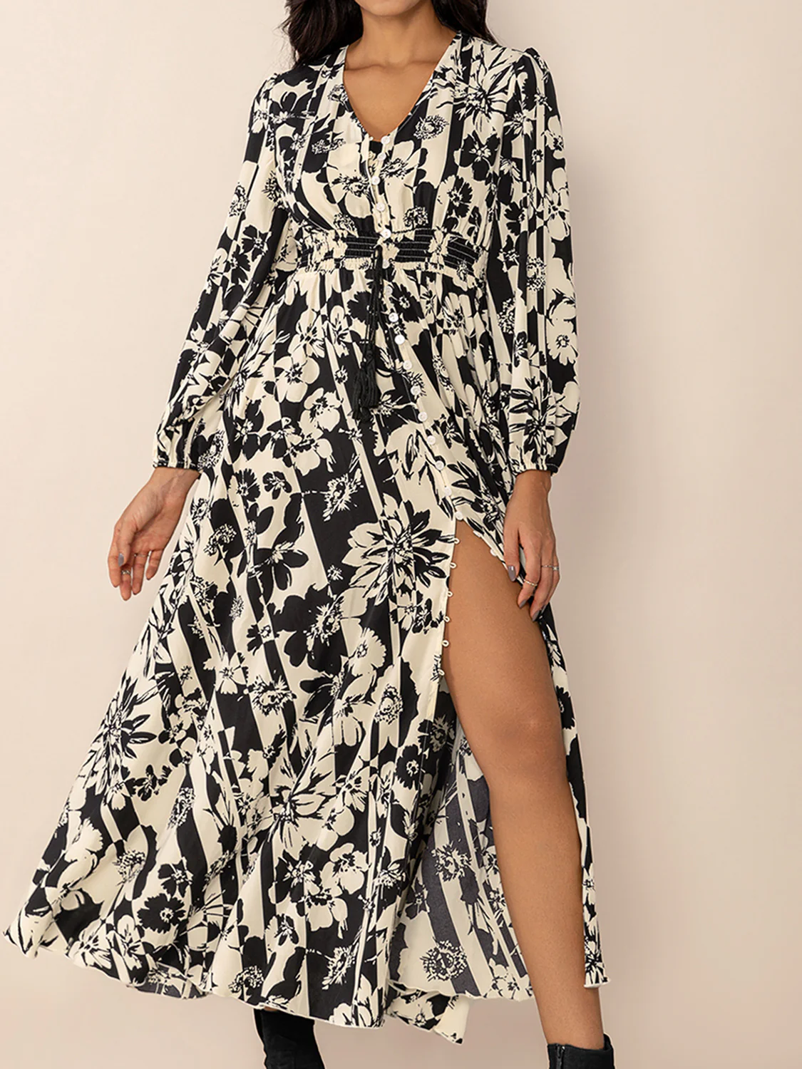 Tied Printed V-Neck Long Sleeve Midi Dress - Image 8