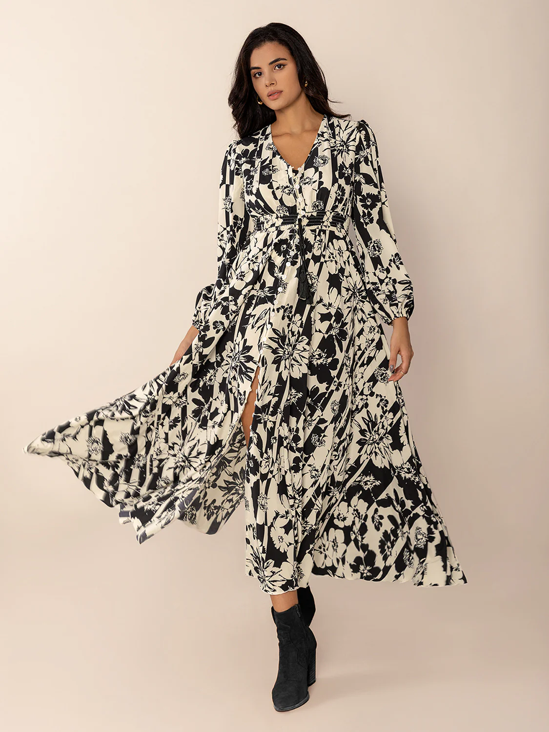 Tied Printed V-Neck Long Sleeve Midi Dress - Image 9