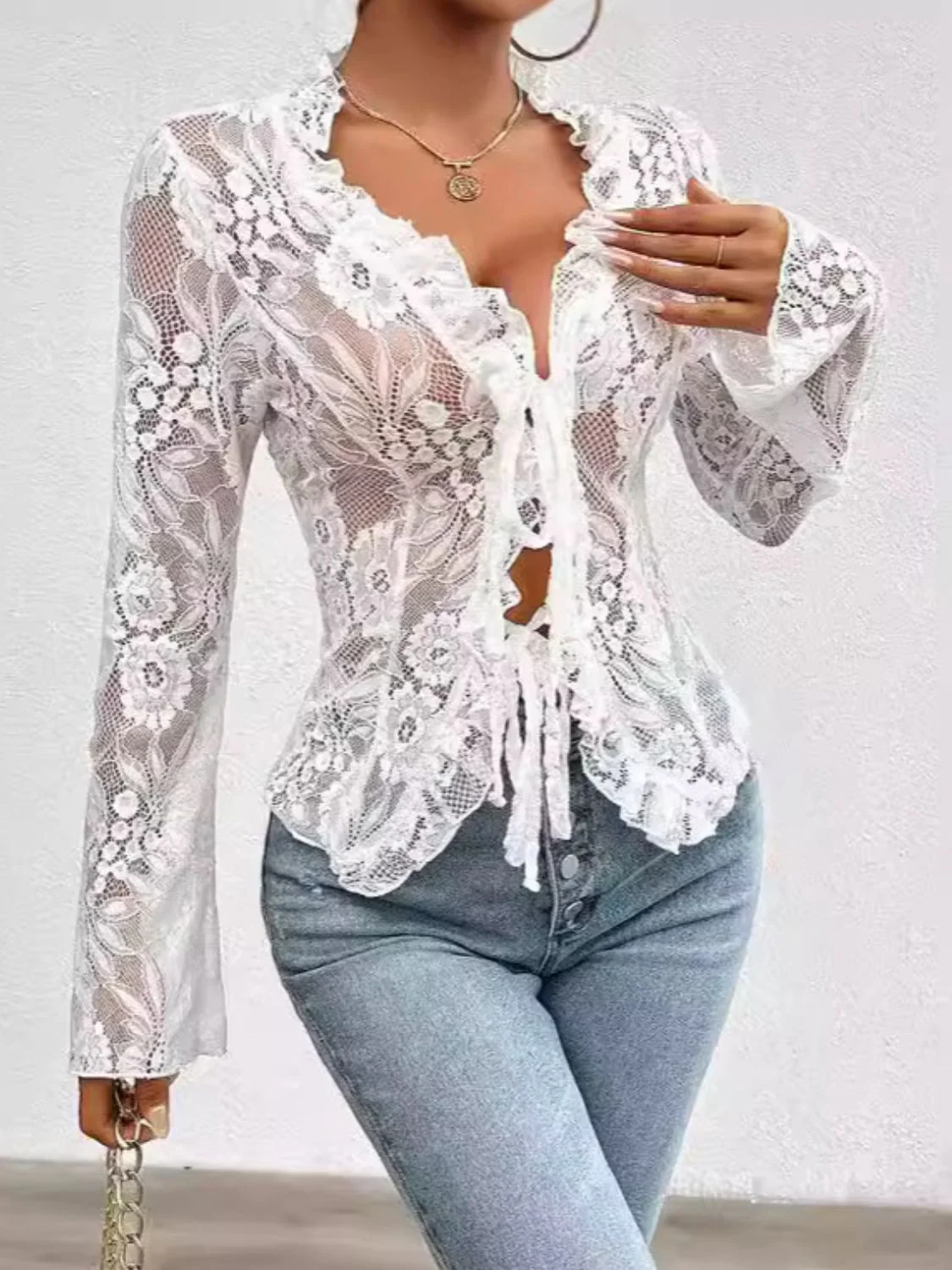 Tied V-Neck Long Sleeve Lace Top - Image 8