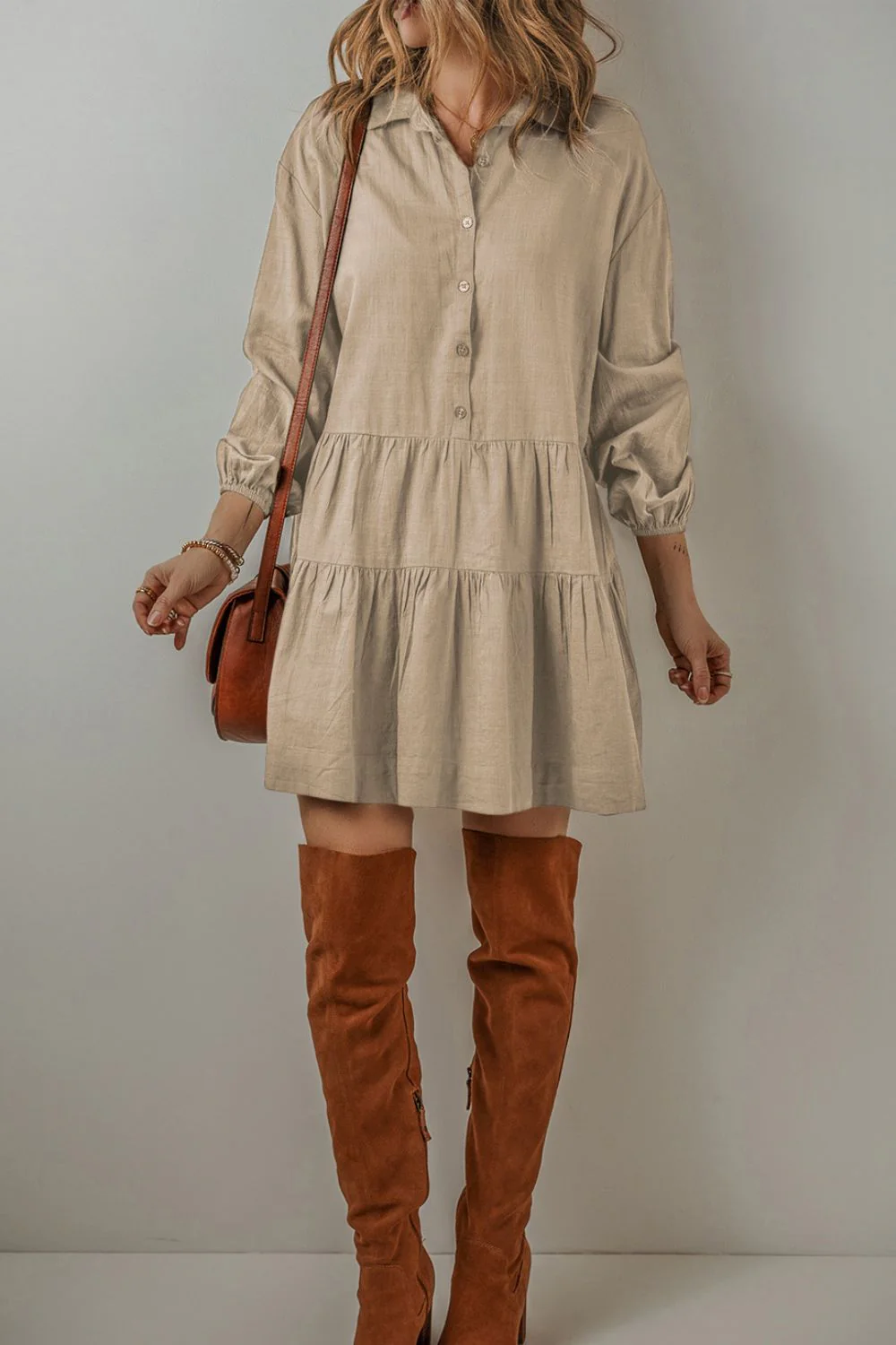 Tiered Collared Neck Balloon Sleeve Shirt Dress - Image 11