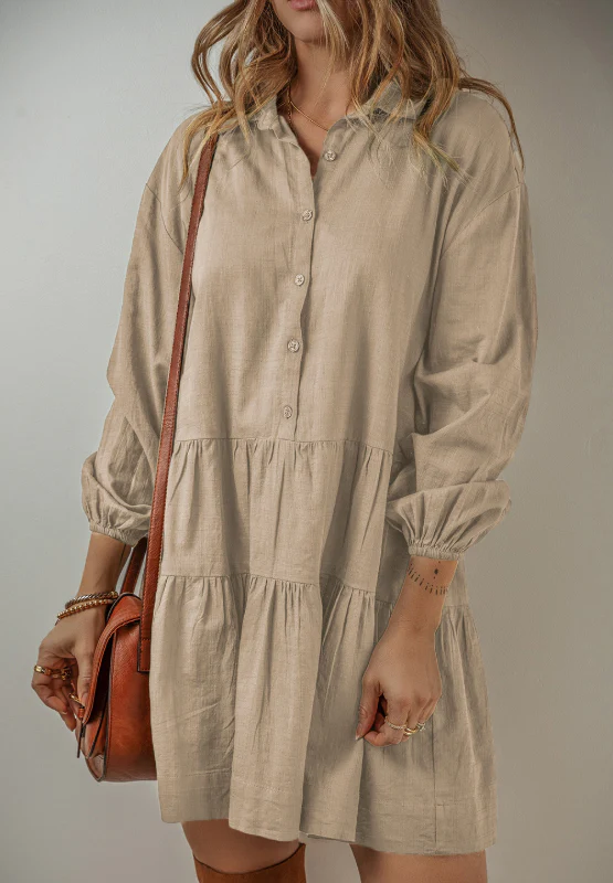 Tiered Collared Neck Balloon Sleeve Shirt Dress - Image 12