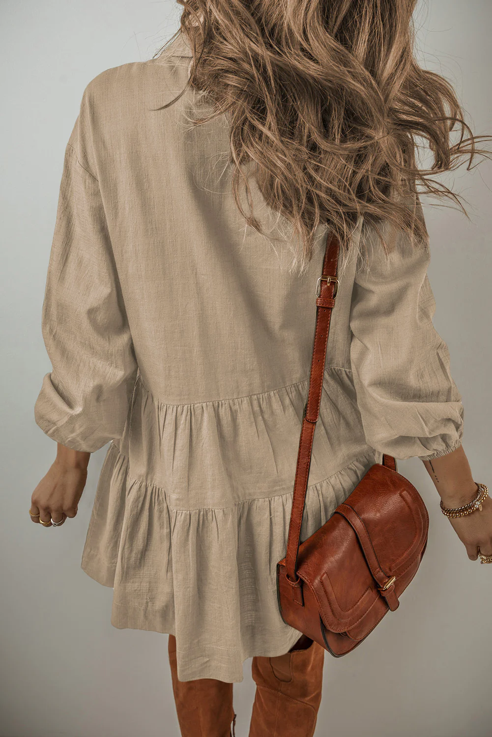 Tiered Collared Neck Balloon Sleeve Shirt Dress - Image 13