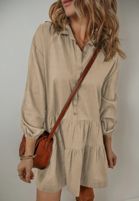 Tiered Collared Neck Balloon Sleeve Shirt Dress - Image 14