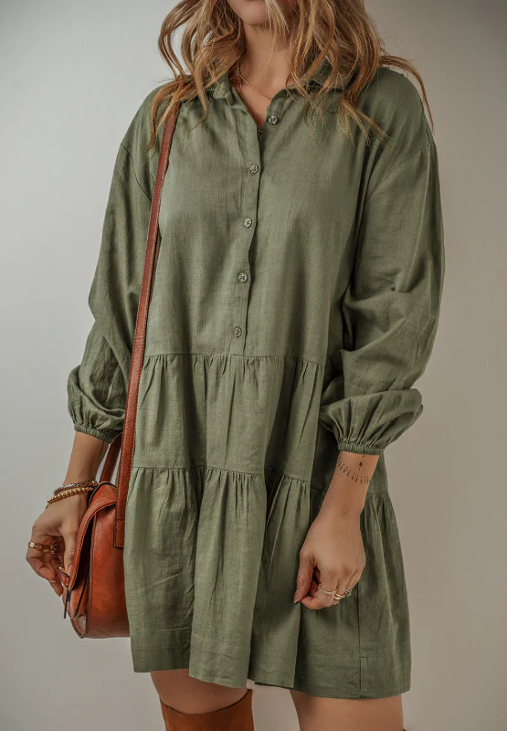 Tiered Collared Neck Balloon Sleeve Shirt Dress - Image 2