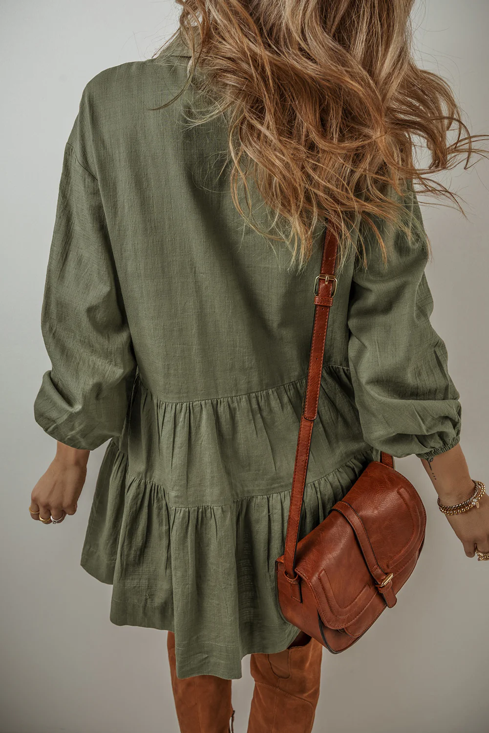 Tiered Collared Neck Balloon Sleeve Shirt Dress - Image 3