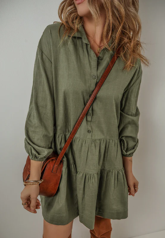 Tiered Collared Neck Balloon Sleeve Shirt Dress - Image 4