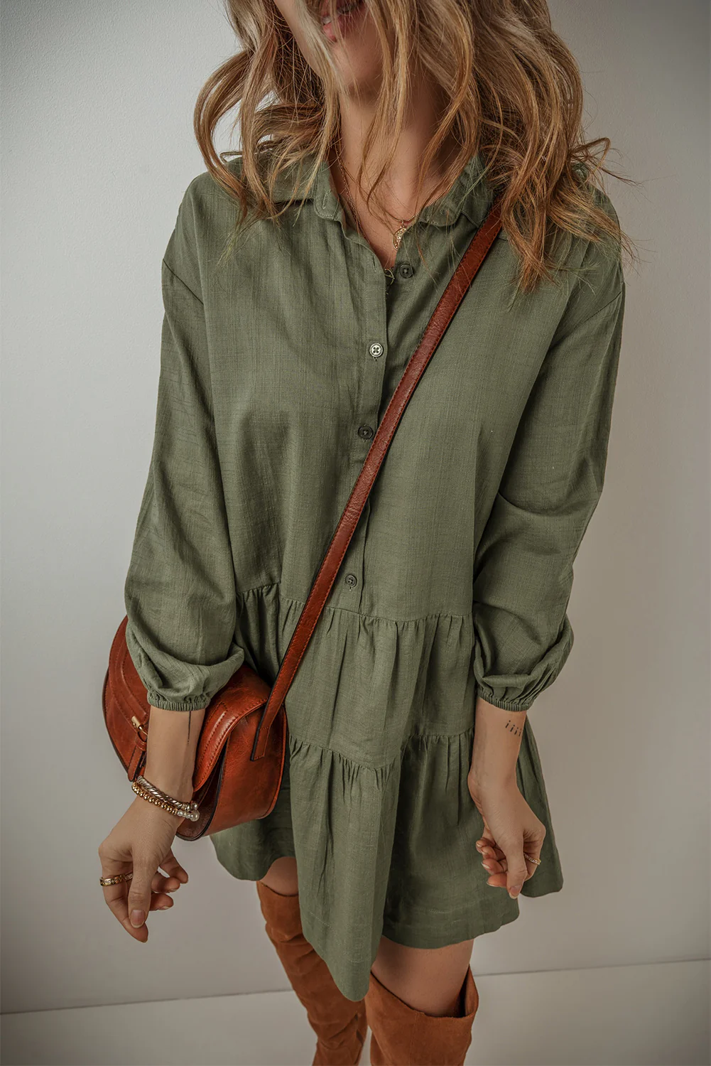 Tiered Collared Neck Balloon Sleeve Shirt Dress - Image 5