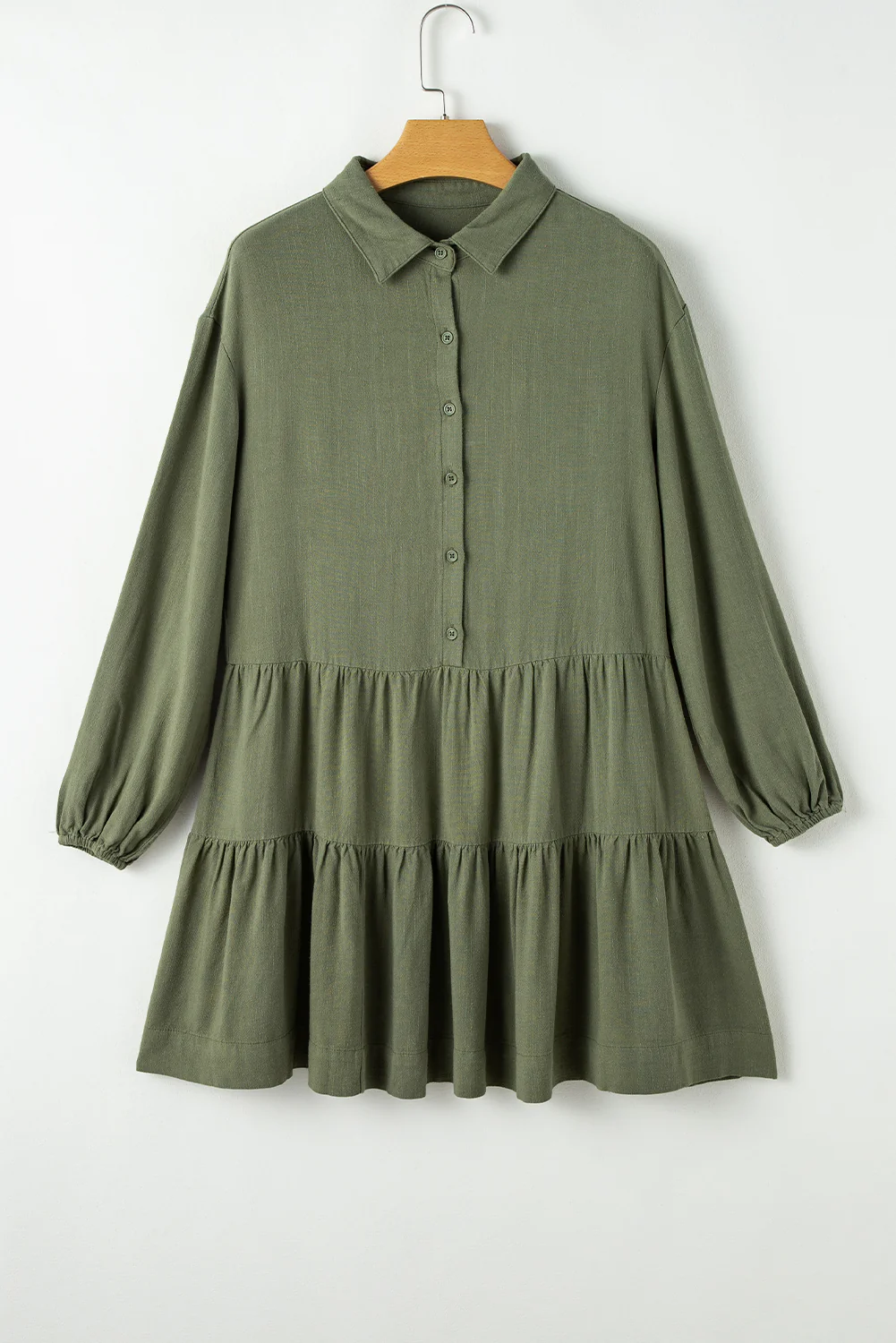 Tiered Collared Neck Balloon Sleeve Shirt Dress - Image 6