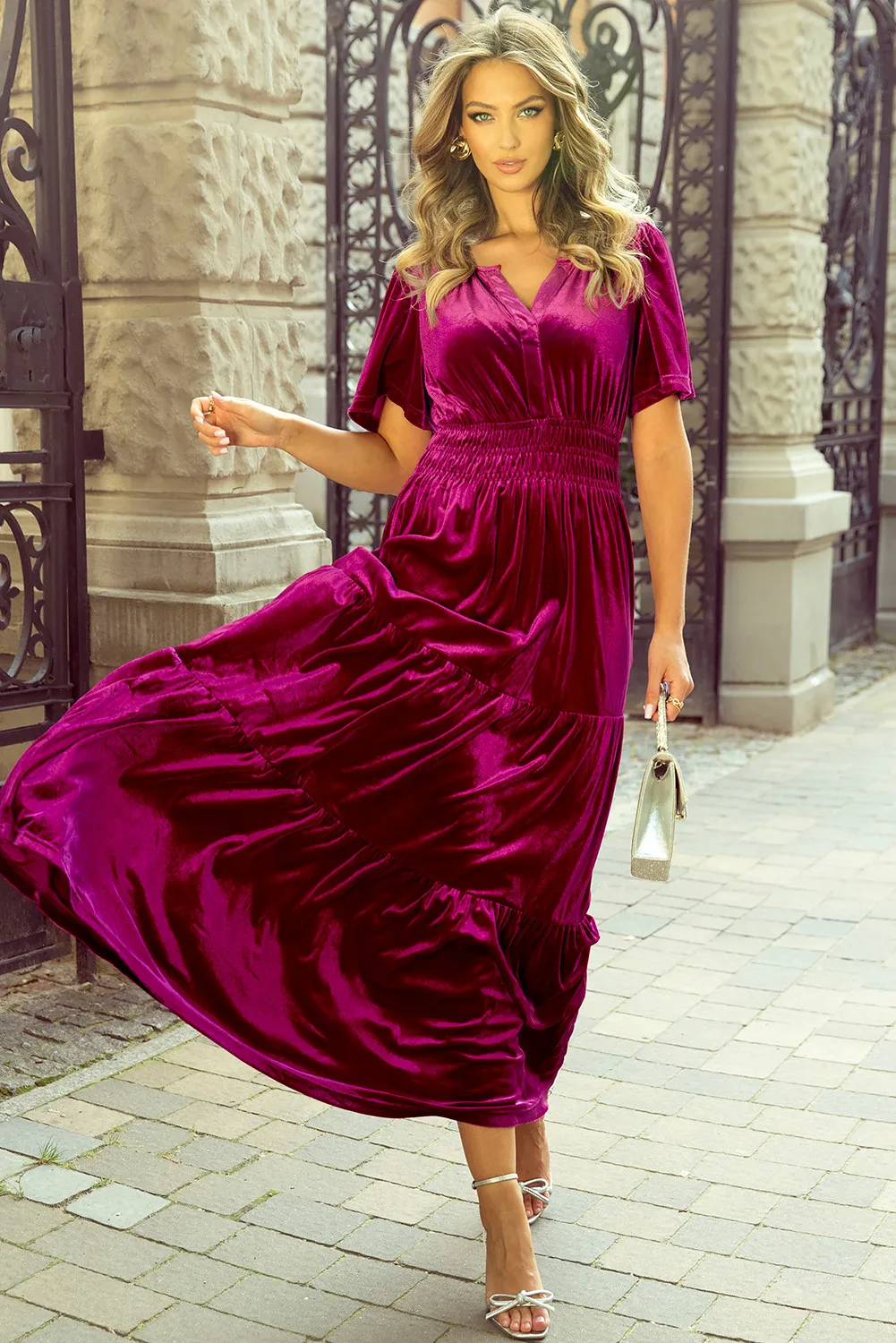 Tiered Notched Short Sleeve Dress with Pockets - Image 3