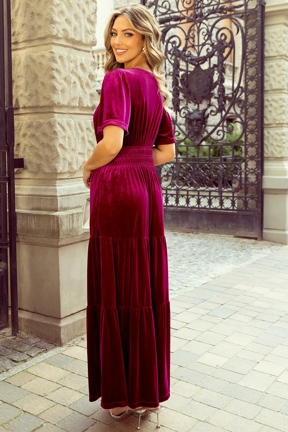 Tiered Notched Short Sleeve Dress with Pockets - Image 5