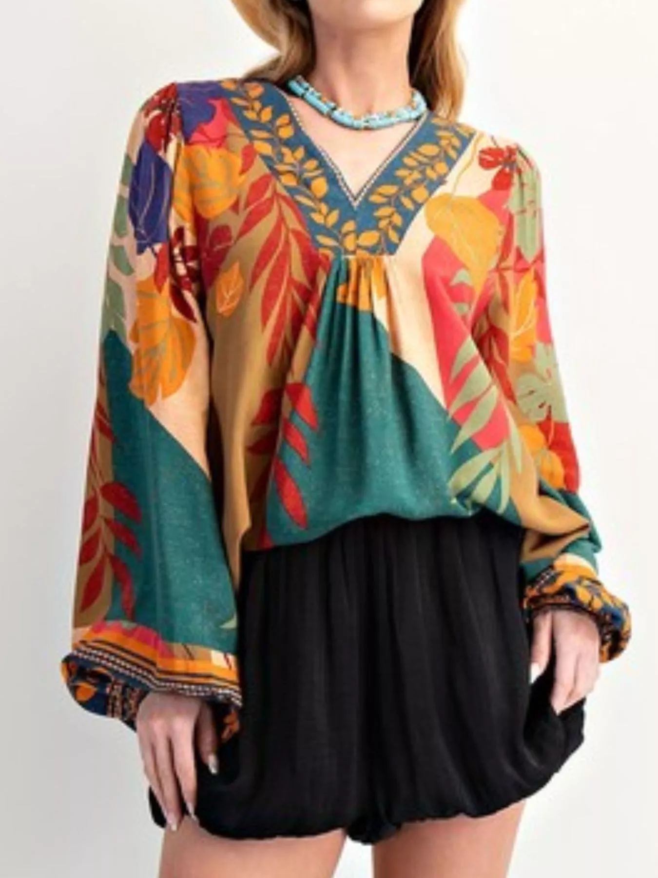 Tropical Print Balloon Sleeve Blouse - Image 10