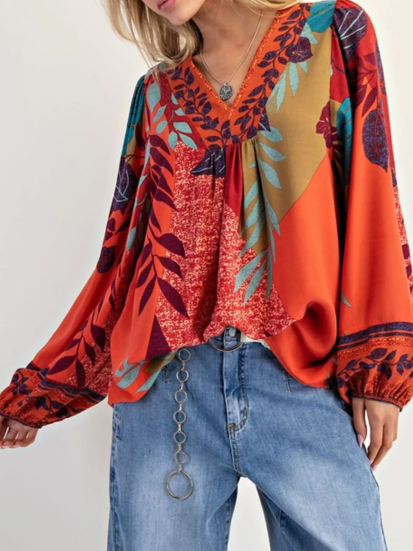Tropical Print Balloon Sleeve Blouse - Image 11